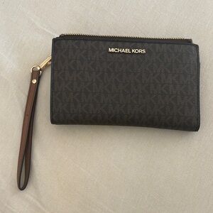 Michael Kors Dark Brown MK Logo Wristlet with Gold Hardware